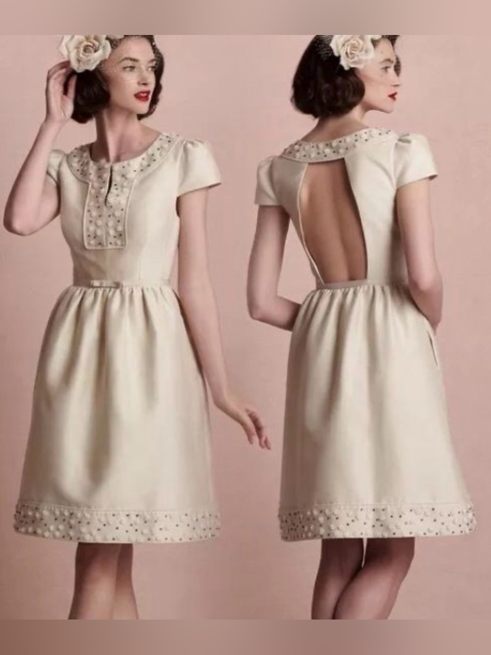 Anthropologie BHLDN Ivory Embellished Open-Back Tea Dress